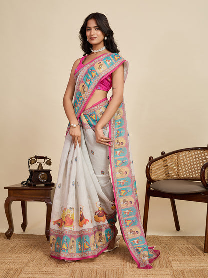 Off White Linen Cotton Saree With Digital Printed Work And Silver Zari Border