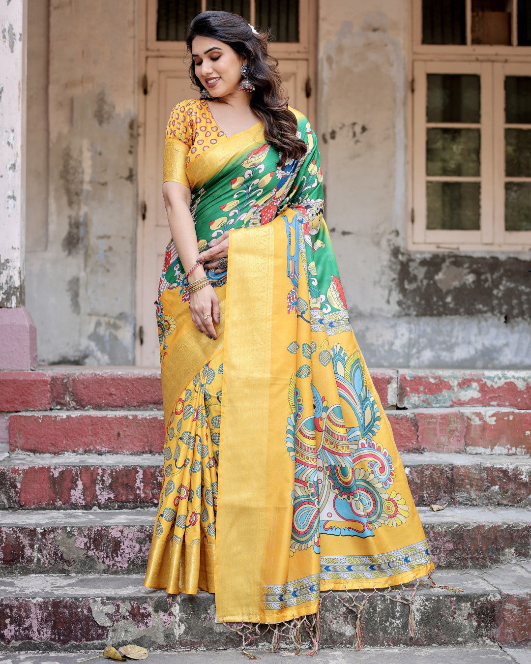Multi Kalamkari Digital Printed Tussar Silk Saree With Zari Motif Border