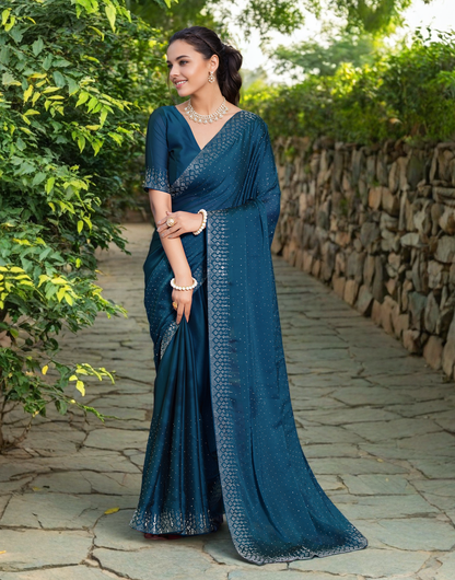 Fancy Teal Blue Rangoli Silk Saree With Diamond Work