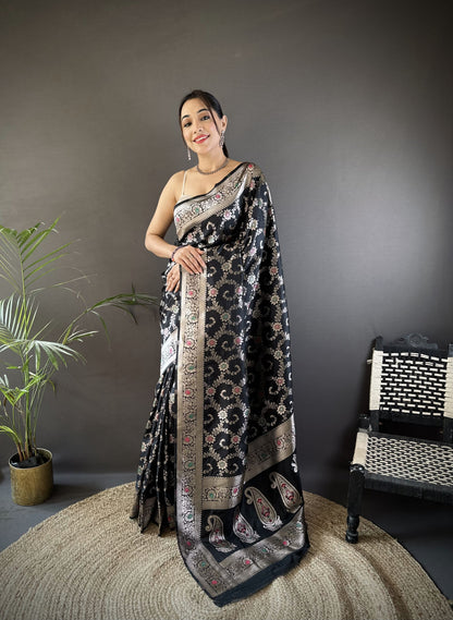 Black Soft Katan Banarasi Silk Saree With Meenakari Zari Weaving Work