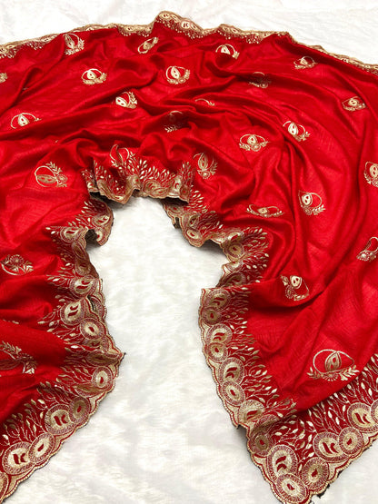 Red Color Vichitra Silk Saree With Beautiful Cutwork & Embroidery Border