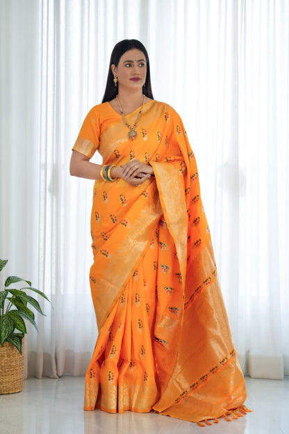Yellow Pure Soft Banarasi Saree With Meenakari Weaving Work
