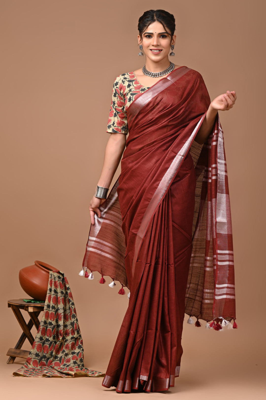 Maroon Colour Pure Plain Linen Cotton Saree With Ajrakh Blockprinted Cotton Blouse