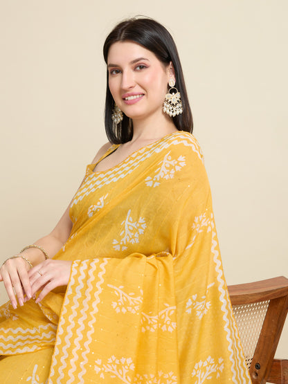 Yellow Batik Printed Soft Cotton Saree With Sequence Work