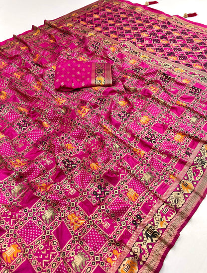 Rani Pink Traditional Patola Silk Saree With Meenakari Zari Weaving Work