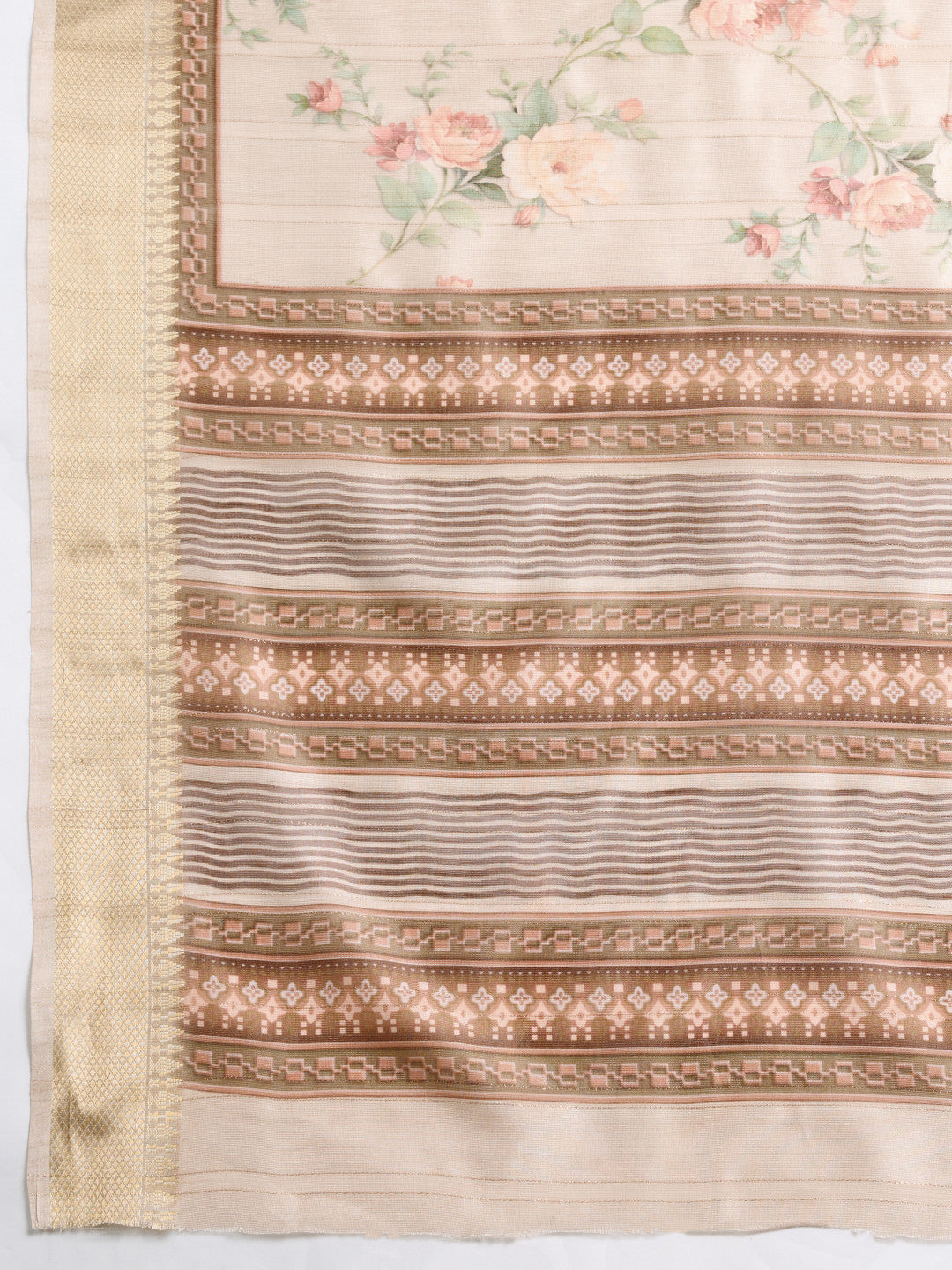 Cream Soft Cotton Saree With Digital Printed Pallu & Zari Border