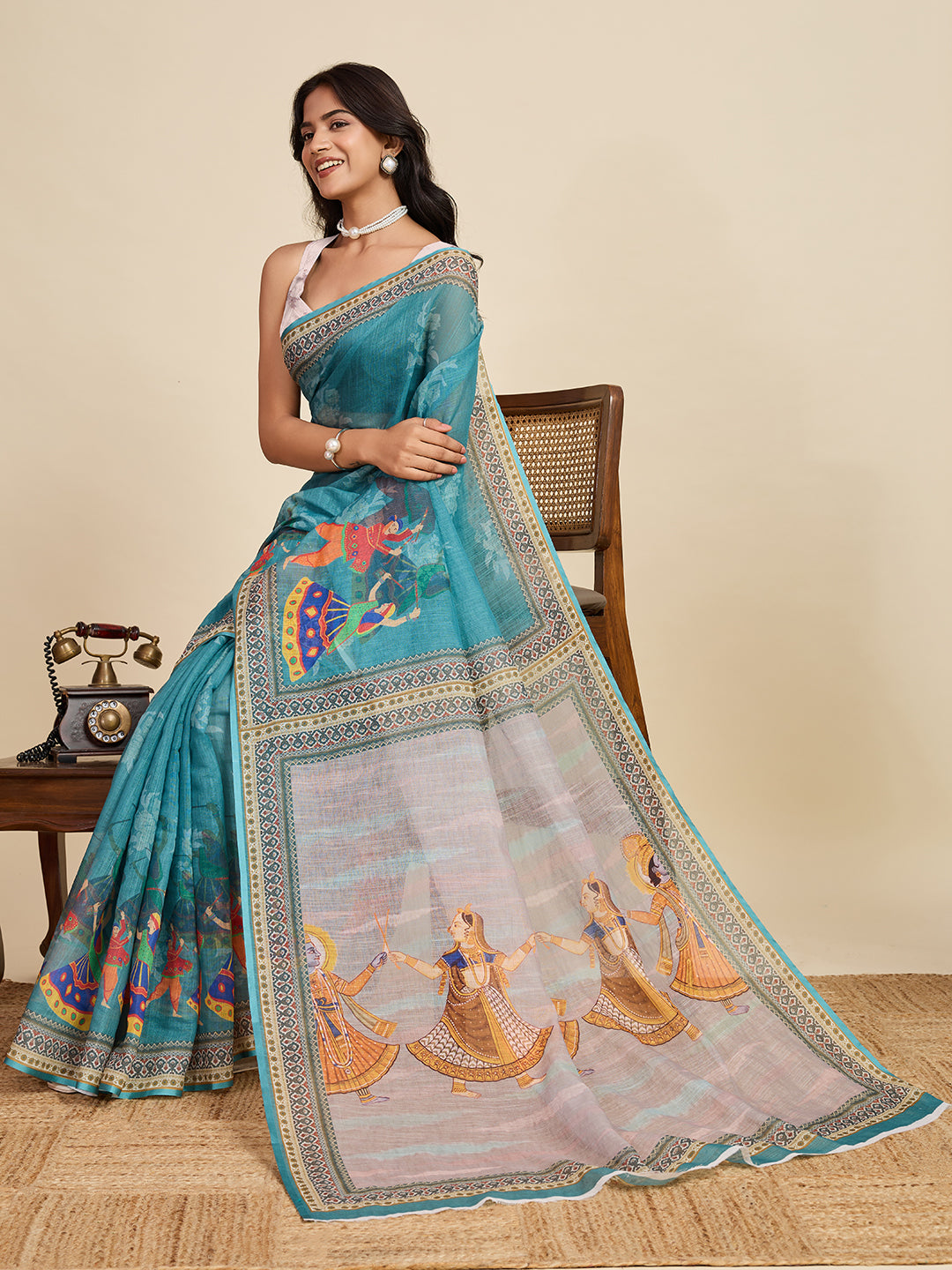 Rama Green Linen Cotton Saree With Digital Printed Work And Silver Zari Border