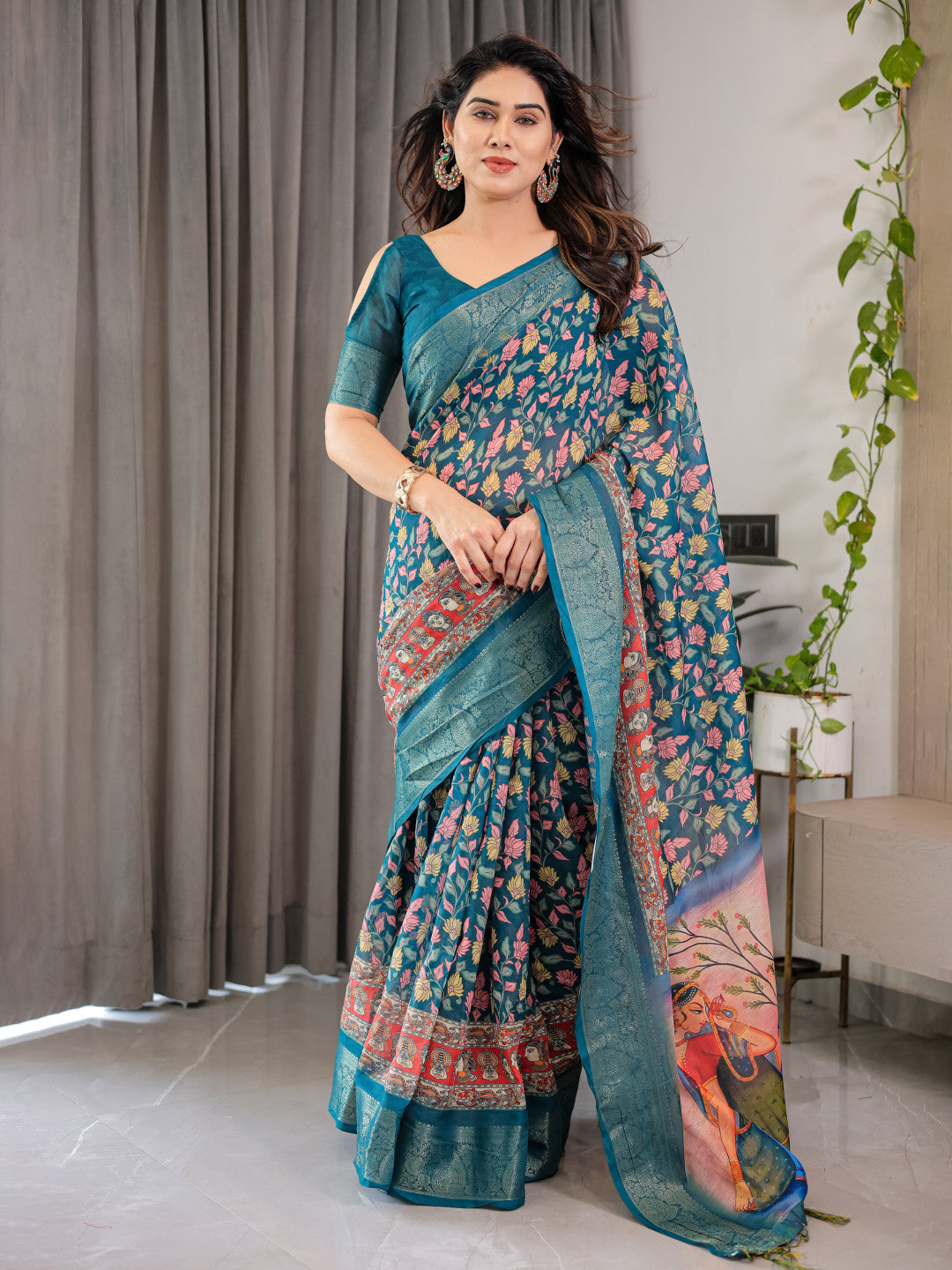 Multi Kalamkari Digital Printed Linen Cotton Saree