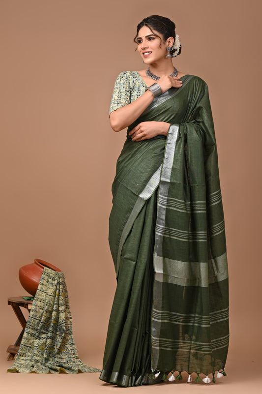 Mahendi Green Colour Pure Plain Linen Cotton Saree With Ajrakh Blockprinted Cotton Blouse