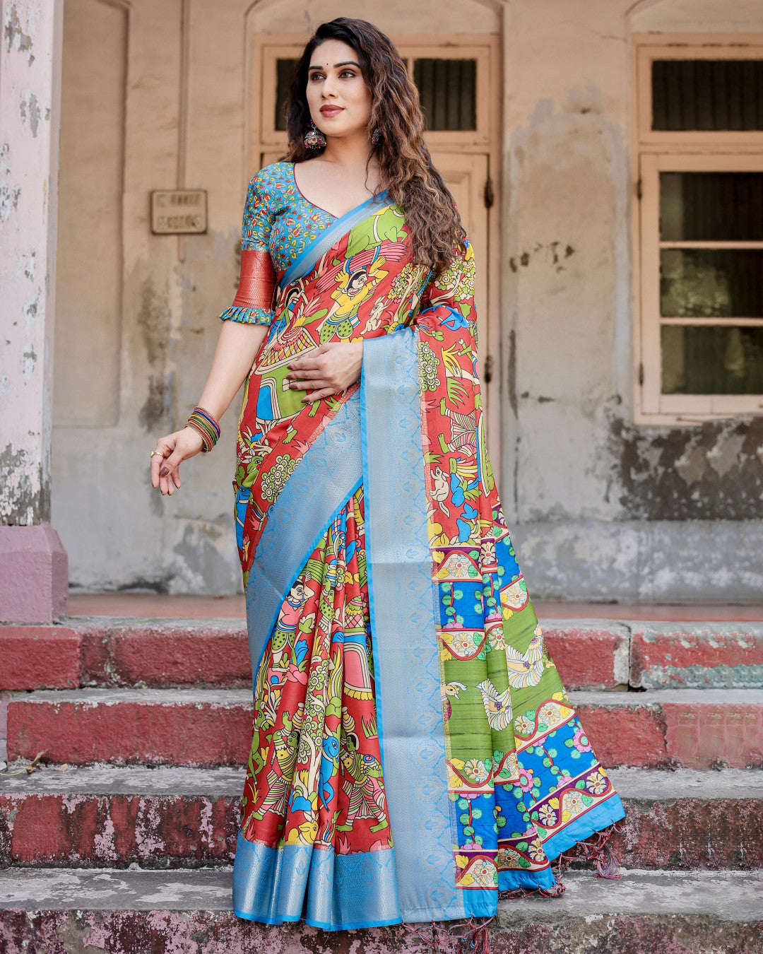 Multi Fancy Kalamkari Digital Printed Tussar Silk Saree