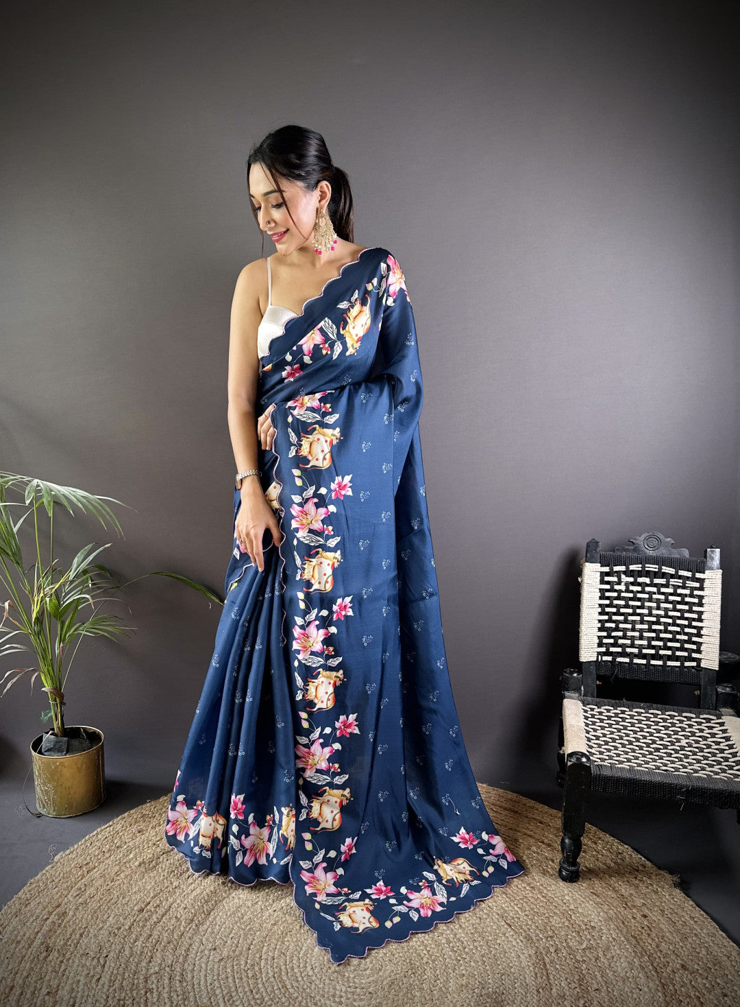 Blue Gadhwal Silk Saree With Pichwai Print And Embroidery Cut Work