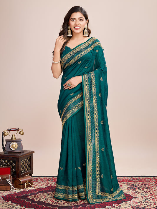 Fancy Rama Green Soft Vichitra Silk Saree With Embroidery Work