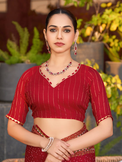 Red Stylist Soft Cotton Saree With Unique Table Printed & Lace Border