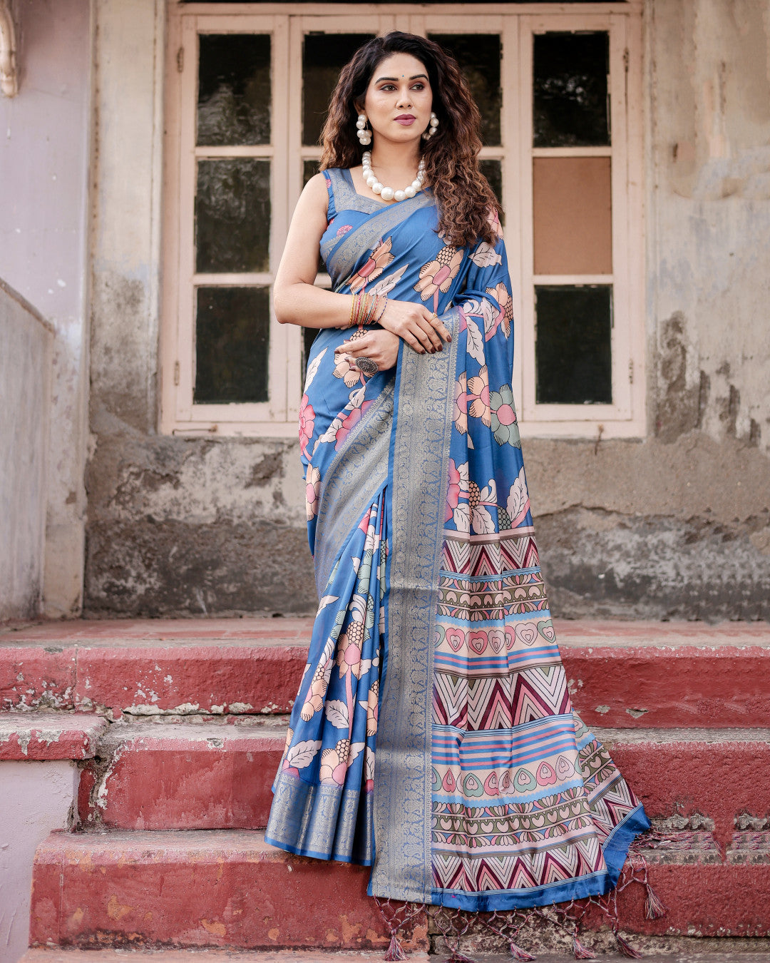 Blue Digital Kalamkari Printed Tussar Silk Saree With Zari Motif Border