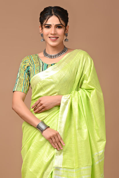 Parrot Green Colour Pure Plain Linen Cotton Saree With Ajrakh Blockprinted Cotton Blouse