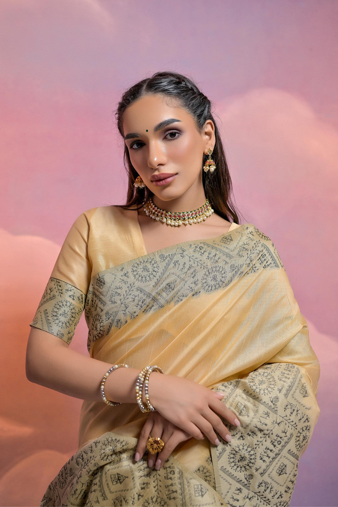 Beige Color Handloom Raw Silk Saree With Contrast Weaving Work