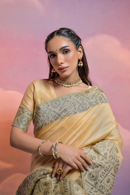 Beige Color Handloom Raw Silk Saree With Contrast Weaving Work