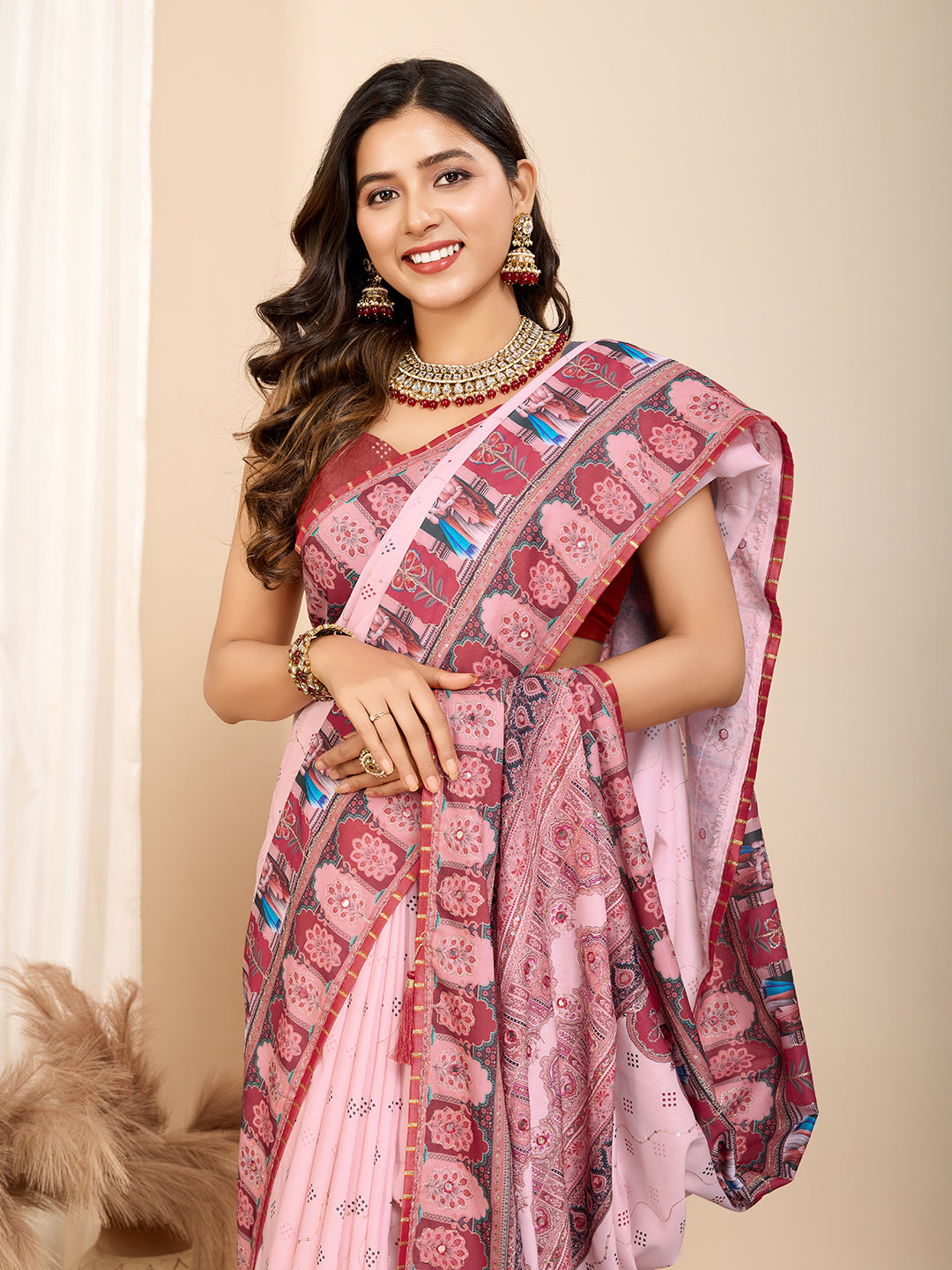 Baby Pink Fancy Muslin Cotton Saree With Digital Printed Work