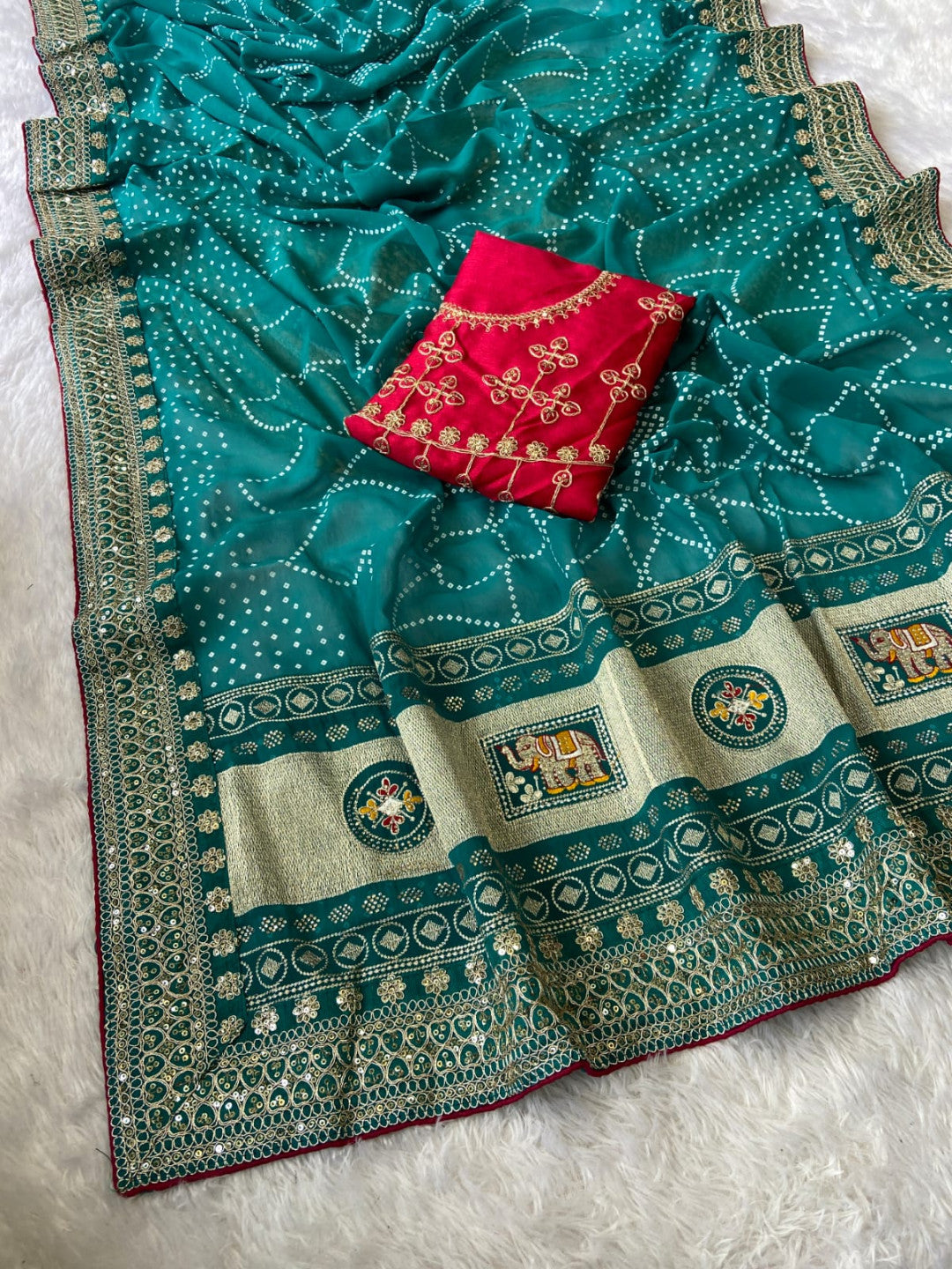 Firoji Vichitra Silk Saree With Khadi Bandhej Heavy Pallu With Hotpcs C Pallu Work