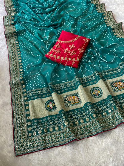 Firoji Vichitra Silk Saree With Khadi Bandhej Heavy Pallu With Hotpcs C Pallu Work