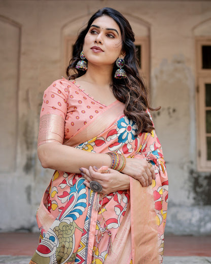 Peach Kalamakari Digital Printed Tussar Silk Saree With Zari Motif Border
