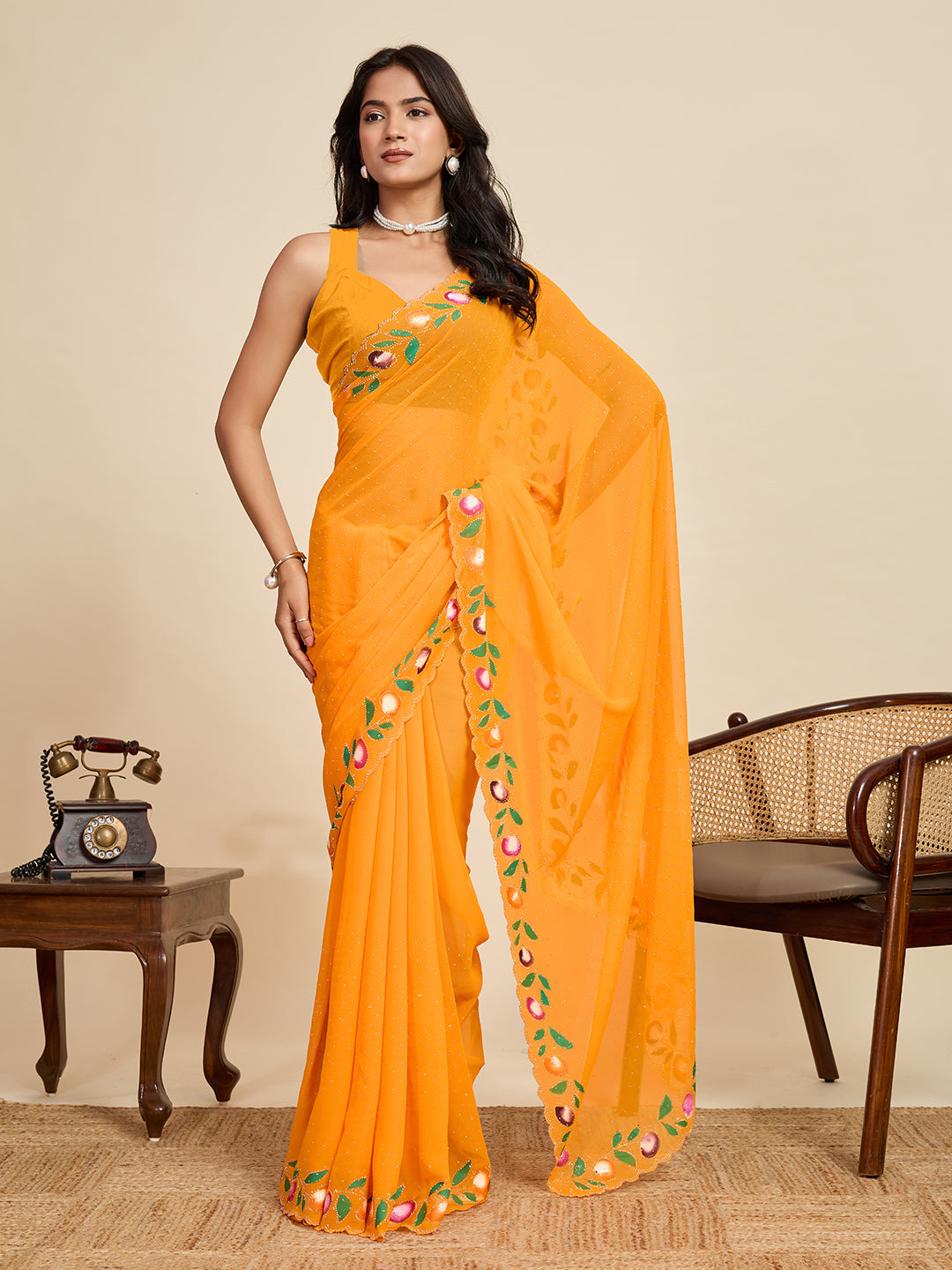 Yellow Color Georgette Saree With Brush Print And Siroski Work