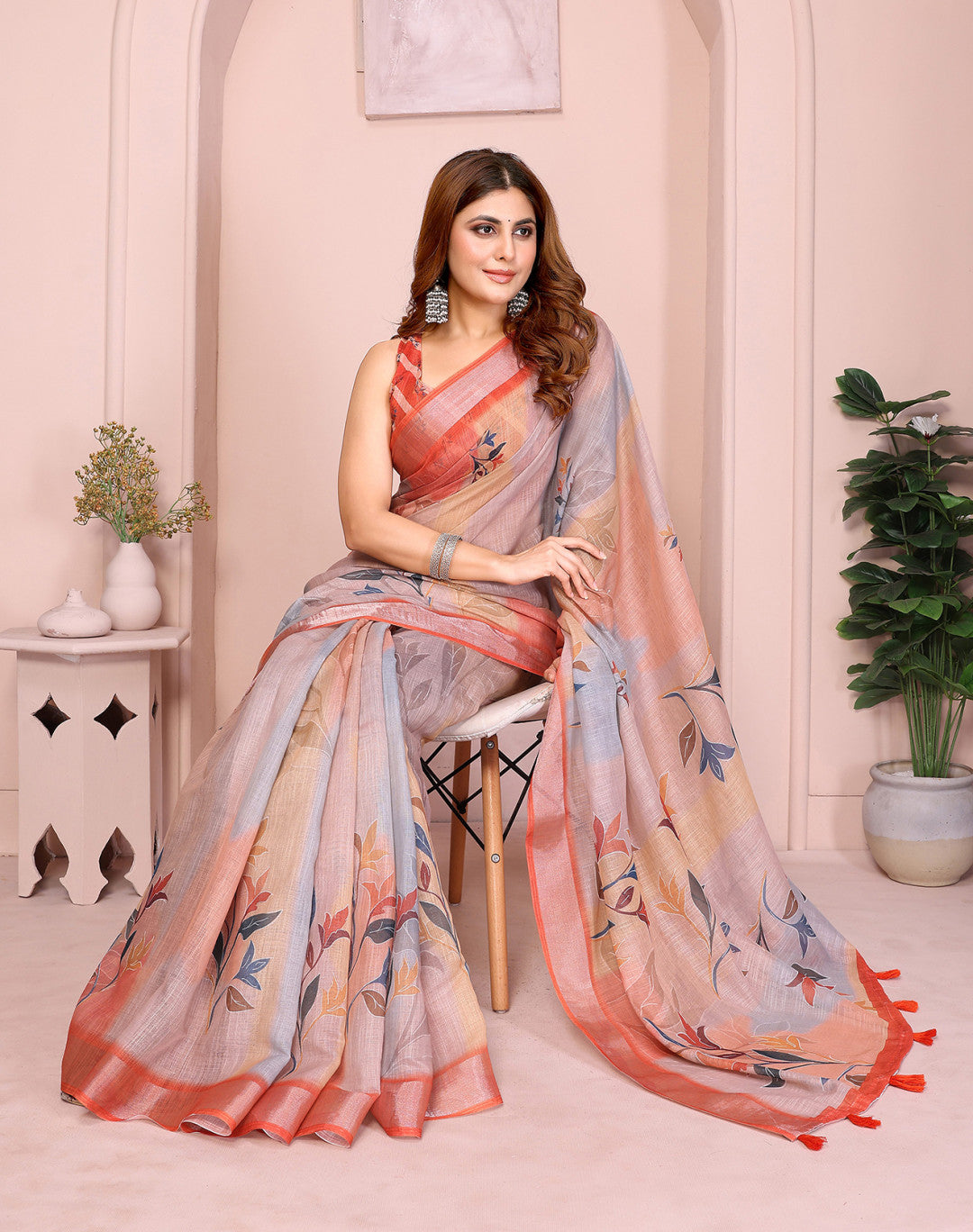 Multi Linen Cotton Saree With Digital Printed Work And Silver Zari Border