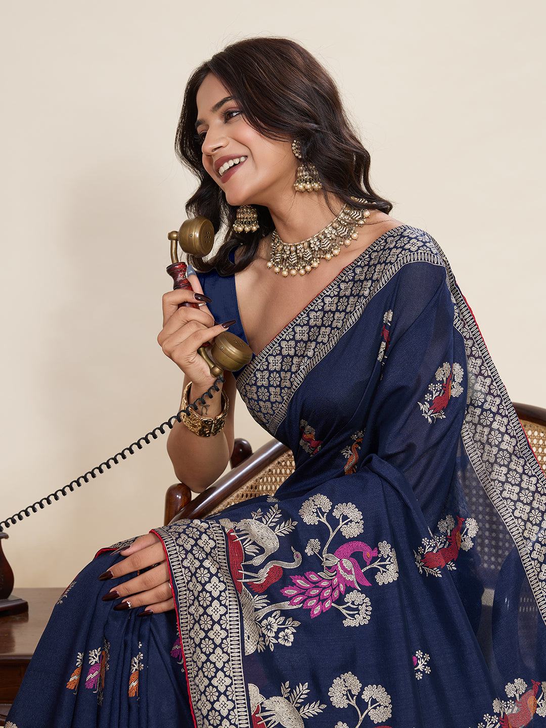 Navy Blue Cotton Saree With Table Printed And Foil Work With Pipeing Border