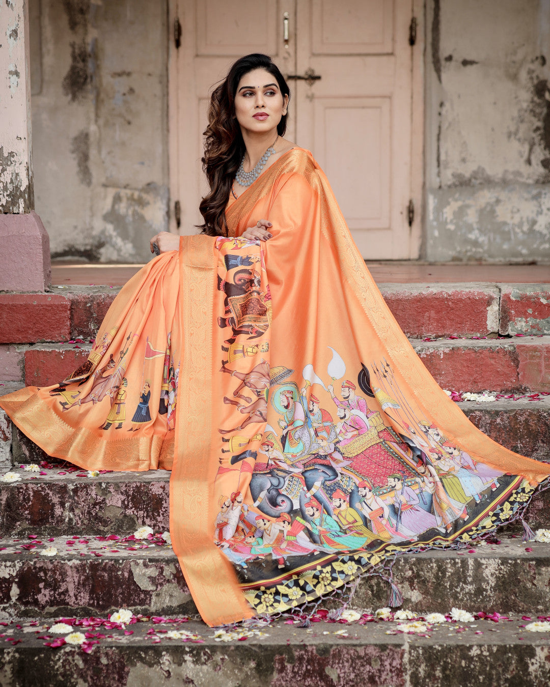 Orange Kalamkari Digital Printed Dola Silk Saree With Gold Zari Border