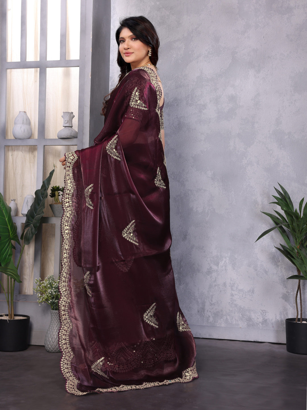 Wine Fancy Shimmer Chiffon Saree With Embroidery Work