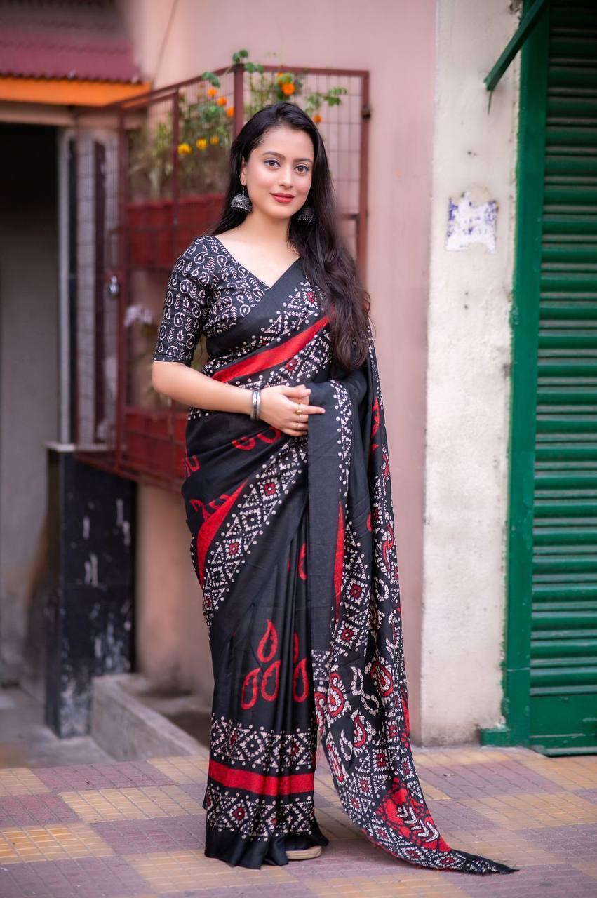 Black And Red Soft Linen Cotton Saree With Digital Printed Work