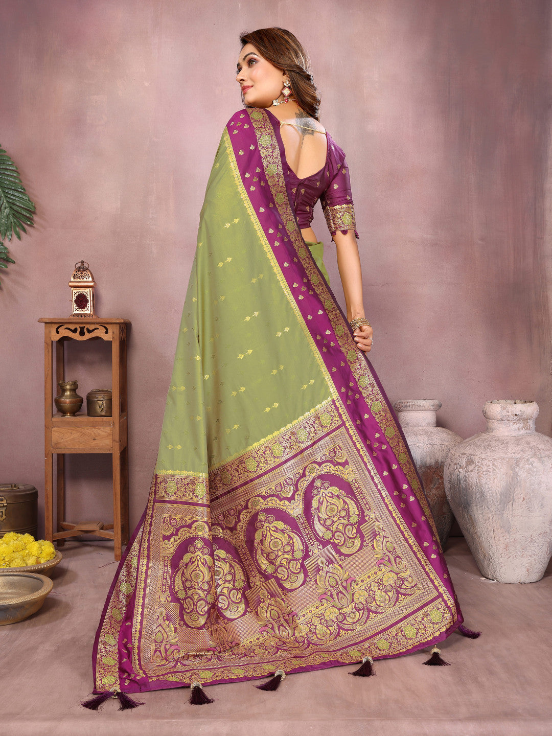Green Traditional Banarasi Silk Saree With Zari Weaving Work