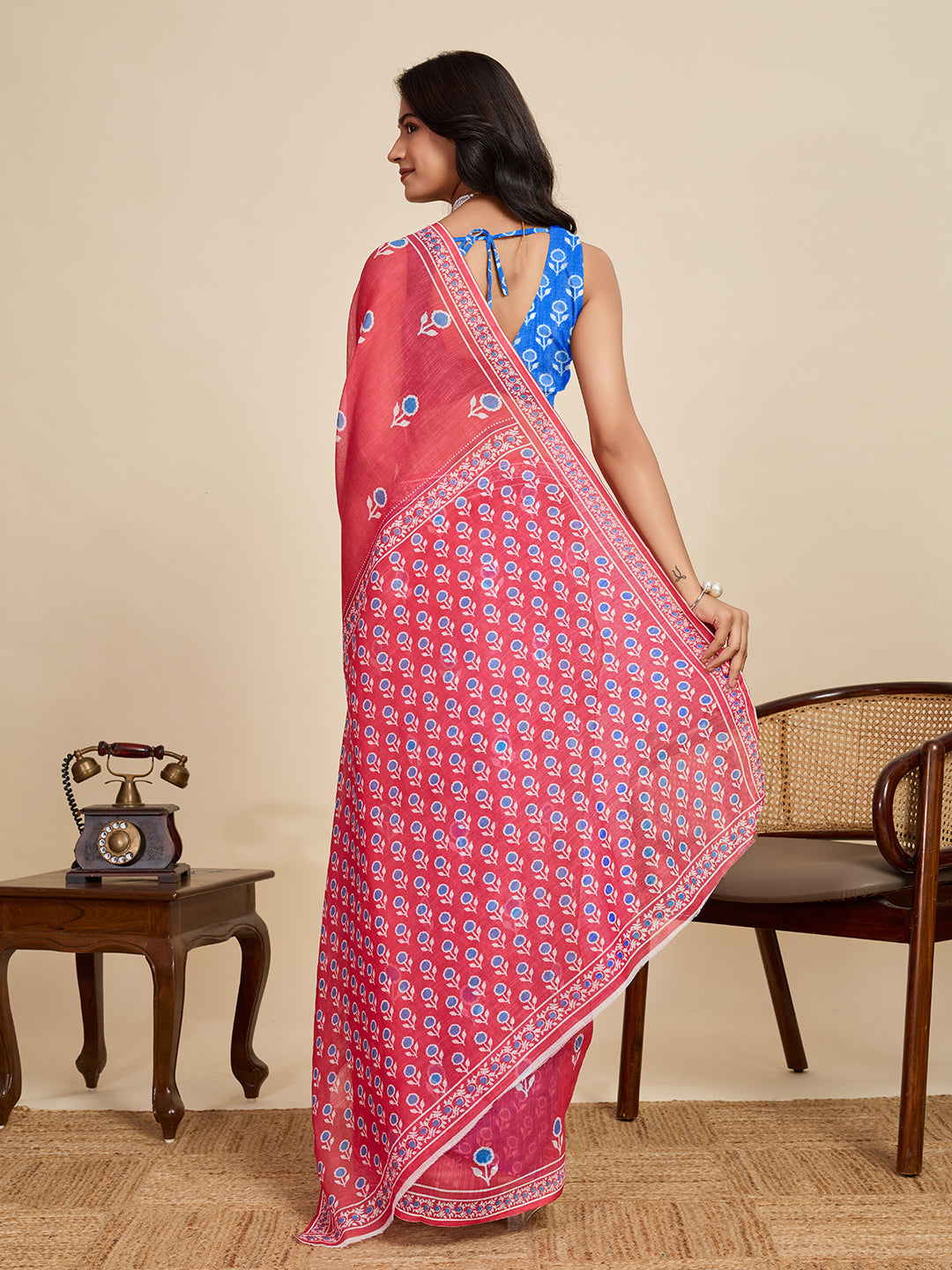 Gajari Linen Cotton Saree With Digital Printed Work And Silver Zari Border