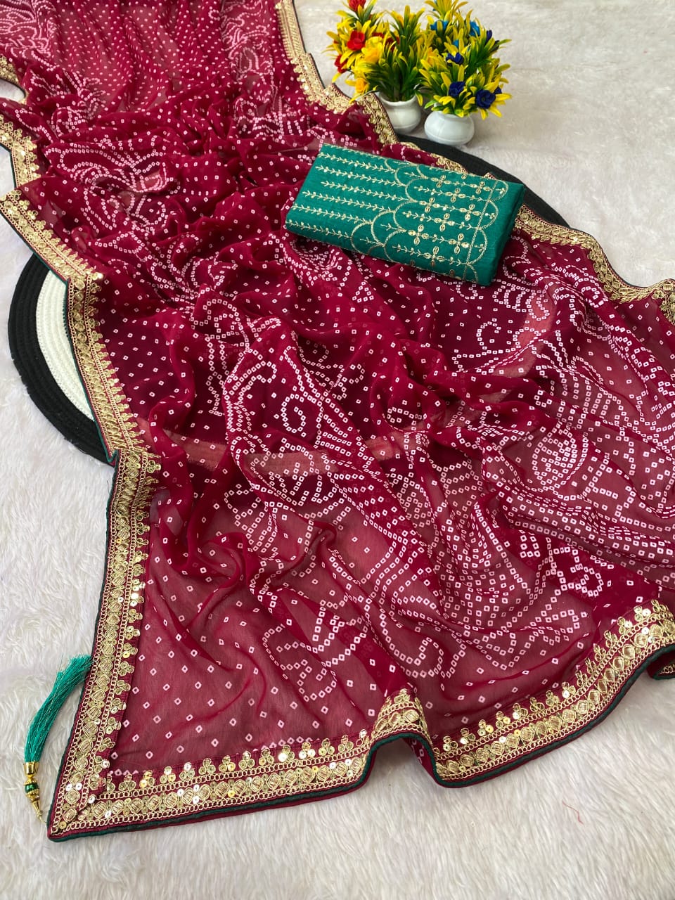 Pink Color Georgette Bandhani Saree With Foil Print Work