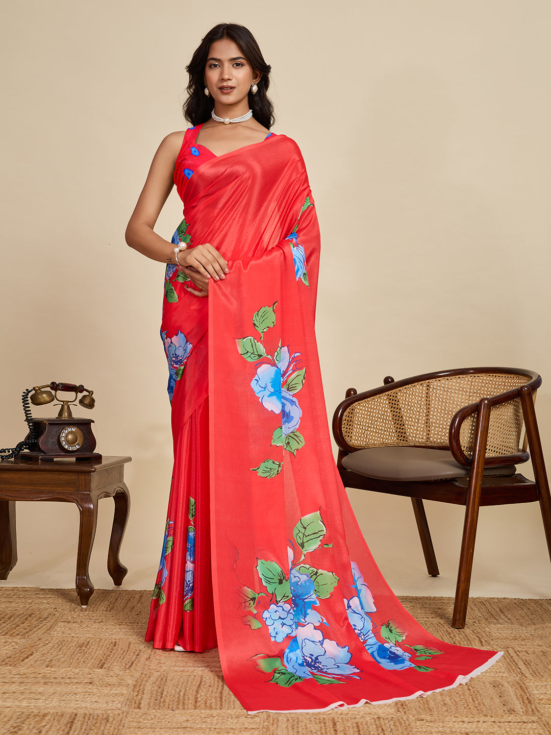 Red Soft Chinnon Silk Saree With Digital Printed Work