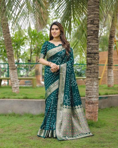 Bottle Green Color Hand Bandhej Silk Saree With Zari Weaving Work