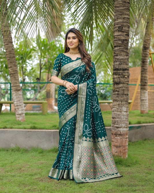 Bottle Green Color Hand Bandhej Silk Saree With Zari Weaving Work