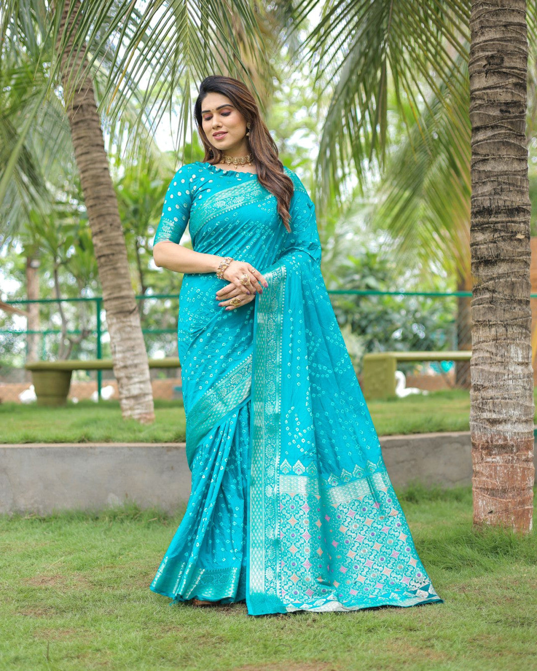 Rama Green Color Hand Bandhej Silk Saree With Zari Weaving Work
