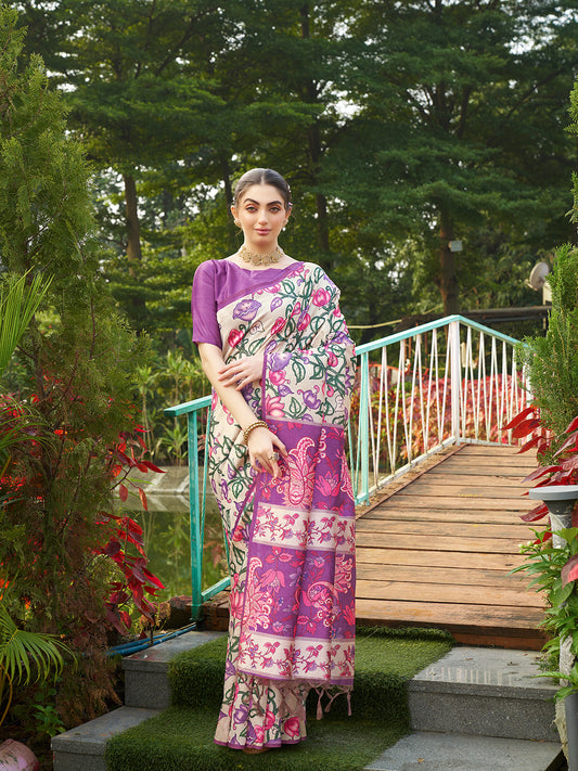 Magenta Kalamkari Printed Designer Tussar Silk Saree