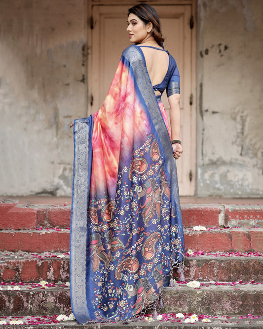 Pink Kalamkari Digital Printed Dola Silk Saree With Gold Zari Border