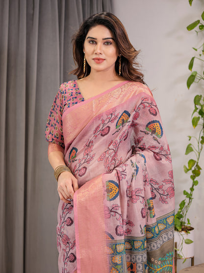 Kalamkari Digital Printed Linen Cotton Saree