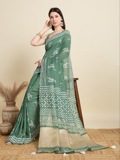 Light Green Batik Printed Soft Cotton Saree With Sequence Work