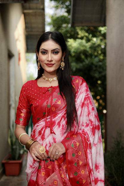 Red Color Dola Silk Saree With Shibori Printed Work