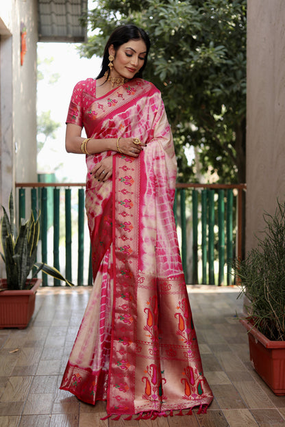 Pink Color Dola Silk Saree With Shibori Print & Zari Weaving Work