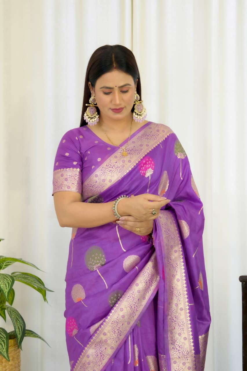 Lavender Khaddi Georgette Banarasi Saree With Meenakari Weaving Work