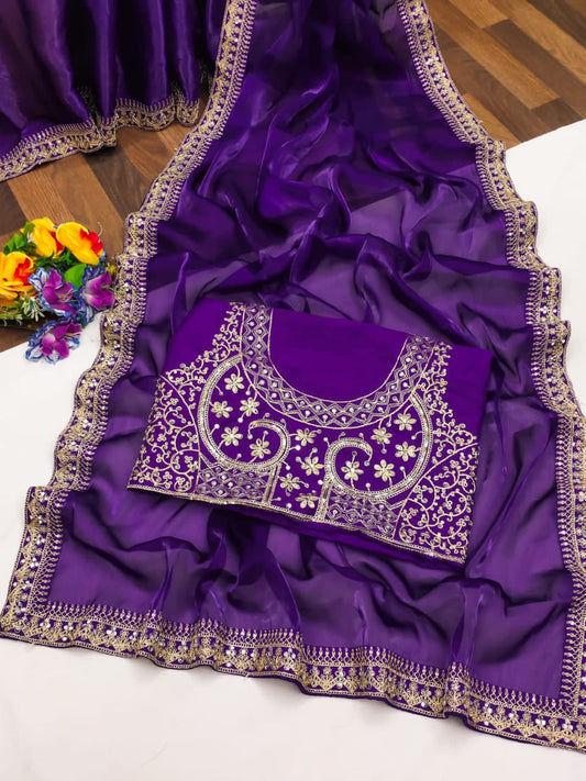 Purple Fancy Jimmy Choo Satin Silk Saree With Embrodery & Sequence Work