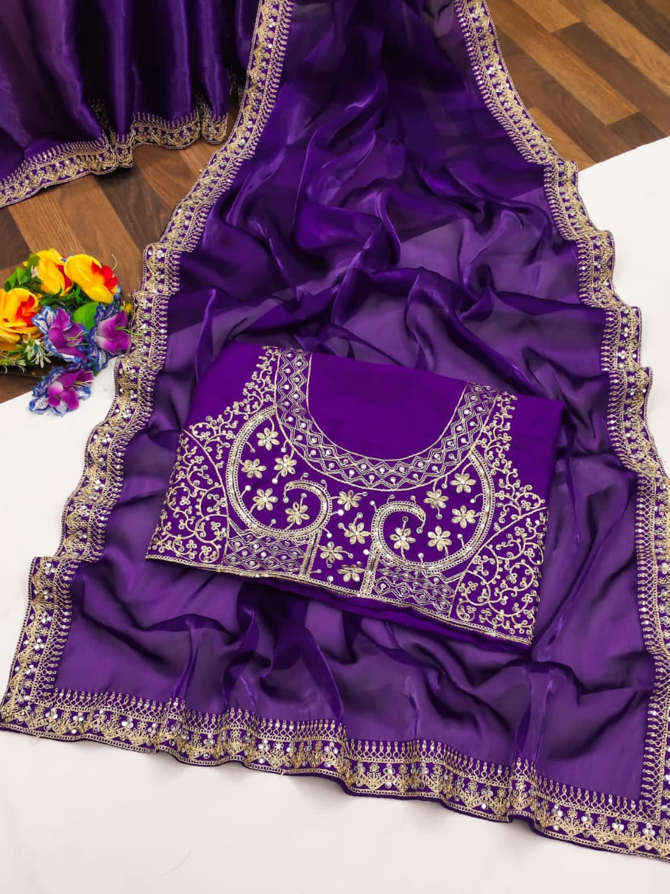 Purple Fancy Jimmy Choo Satin Silk Saree With Embrodery & Sequence Work