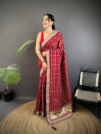Maroon Traditional Blooming Vichitra Khadi Bandhej Silk Saree With Sequence Work