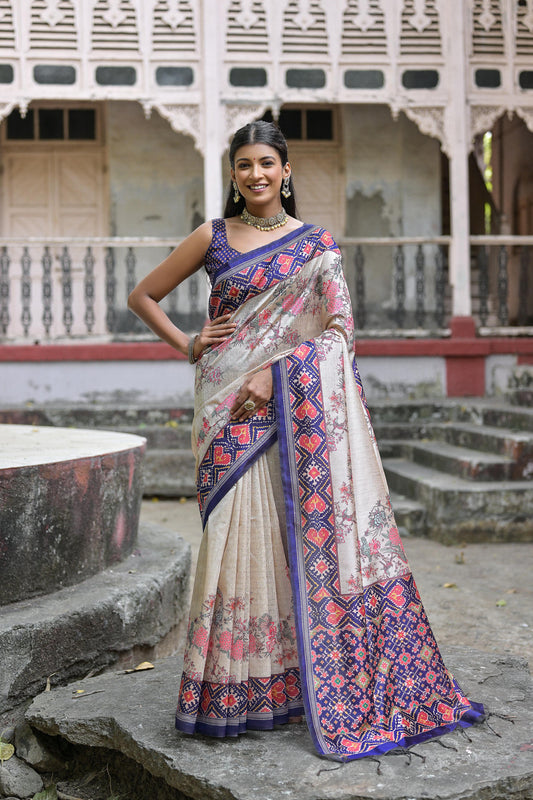 Blue Color Soft Tussar Silk Saree With Patola Printed Work