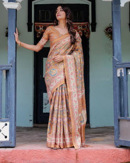 Kalamkari Digital Printed Linen Cotton Saree